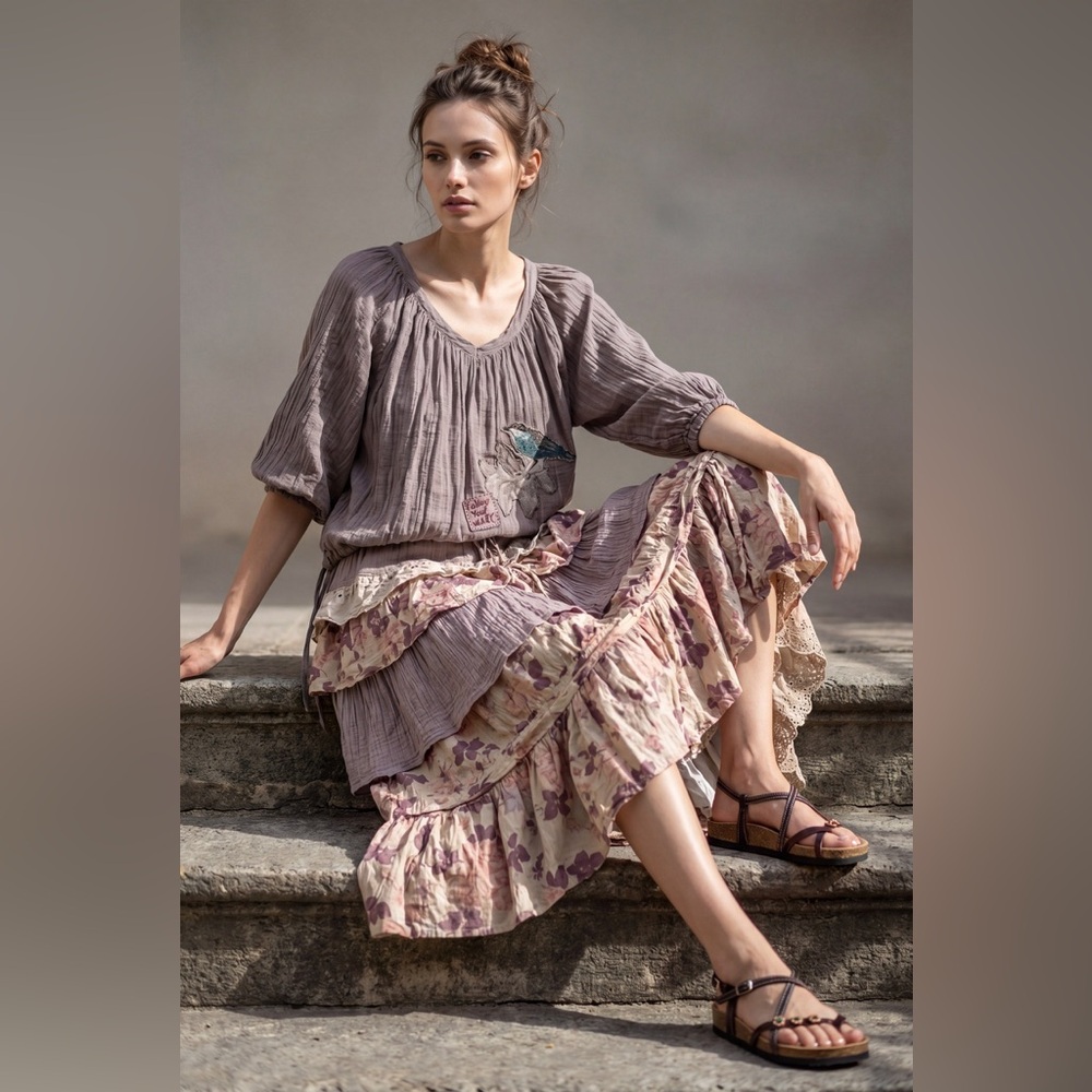 Hand Crafted Mauve & Cream Floral Tiered Maxi Skirt - Picture 3 of 7